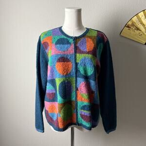 90s vintage wool abstract funky colorful artsy geometric knit zip sweater jacket
